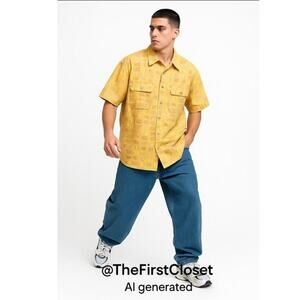 Vintage Sean John Button-Up Shirt Yellow Cassette Tape Print Y2K Hip Hop Size‎ M